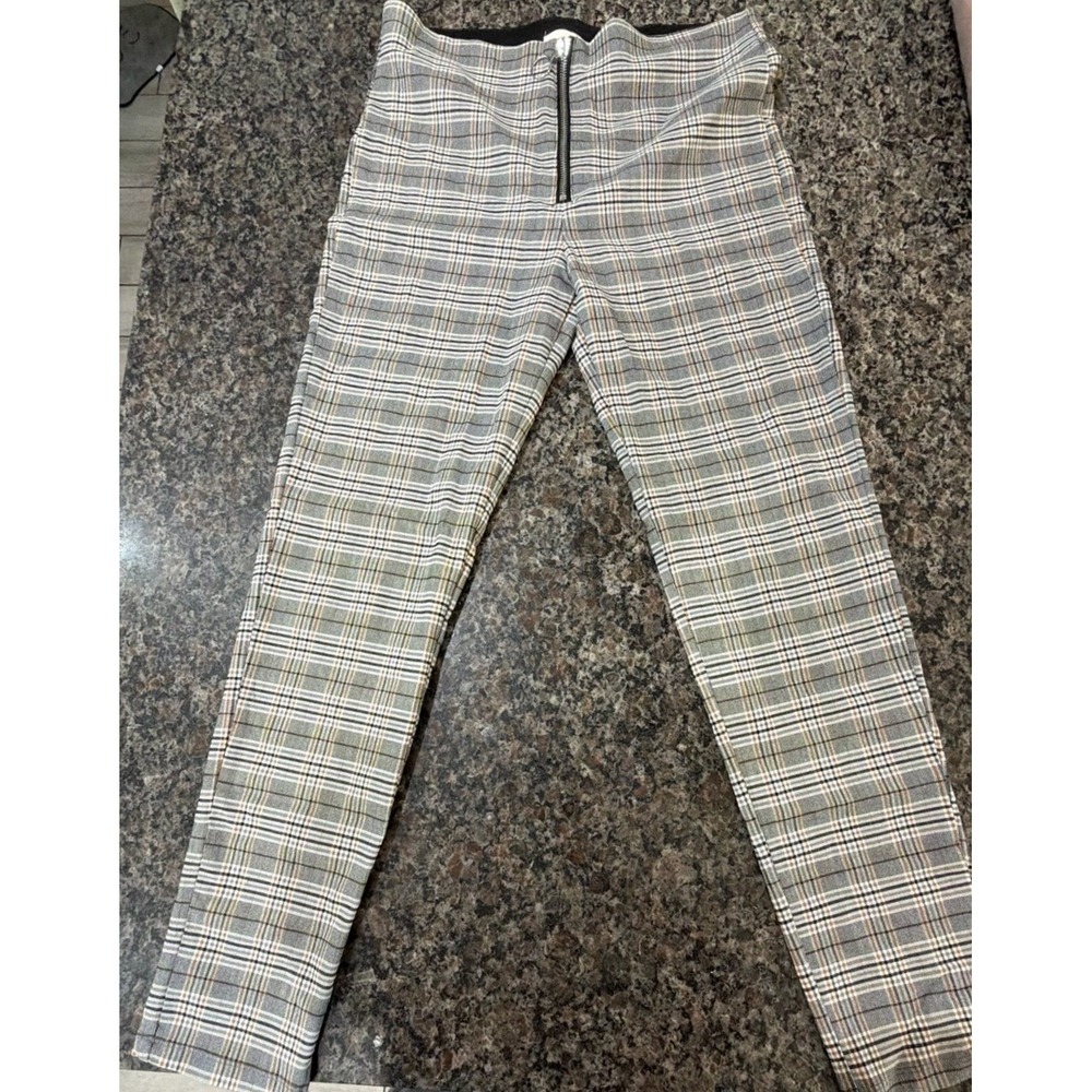 Sugar Rain Womens Plaid‎ High Waisted Front Zip Skinny Pants Grey Orange Large